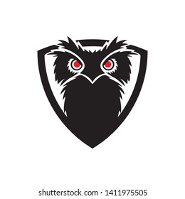 owl bird mascot in shield with flat black style logo icon vector template