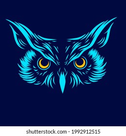 Owl bird night predator line pop art portrait logo colorful design with dark background. Abstract vector illustration. Isolated black background for t-shirt, poster, clothing, merch, apparel