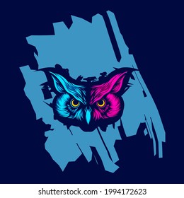 Owl bird night predator line pop art portrait logo colorful design with dark background. Abstract vector illustration. Isolated black background for t-shirt, poster, clothing, merch, apparel