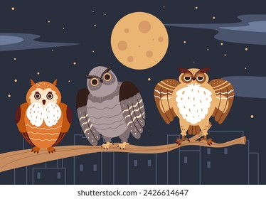 Owl bird night sitting on branch dark city concept. Vector flat graphic design illustration