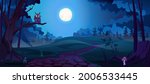 Owl bird on tree branch, dark and scary forest or woods, landscape with roads and bright full moon. Gothic view, halloween evening in fall. Evil and fear place, spooky and creepy. Cartoon vector