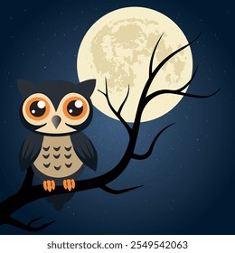 Owl bird on tree branch, dark and bright full moon.  vector illustration ,all layers are single for any coustomization , Eps 10