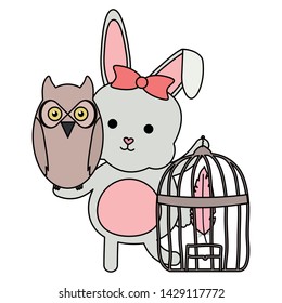owl bird and rabbit with cage bohemian style