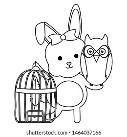 owl bird and rabbit with cage bohemian style