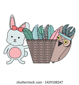 owl bird and rabbit with feathers hat and basket straw