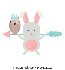 owl bird and rabbit with feathers hat and arrow bohemian style