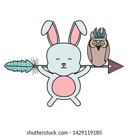 owl bird and rabbit with feathers hat and arrow bohemian style