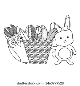owl bird and rabbit with feathers hat and basket straw