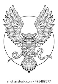 Owl bird with snake coloring book for adults vector illustration. Tattoo stencil. Zentangle style. Black and white lines. Lace pattern