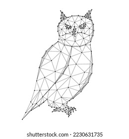 Owl bird, symbol of knowledge and wisdom, from abstract futuristic polygonal black lines and dots