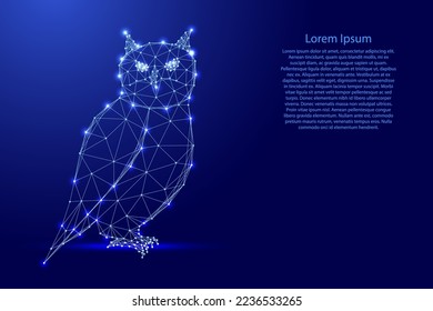 Owl bird, symbol of knowledge and wisdom, from futuristic polygonal blue lines and glowing stars