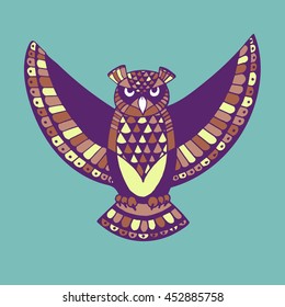 OWL. Bird - symbol of wisdom. Design idea for print, t-shirt, postcard, poster and so on. Vector illustration. 