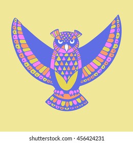 OWL. Bird - symbol of wisdom. Design idea for print, t-shirt, postcard, poster and so on. Vector illustration. 