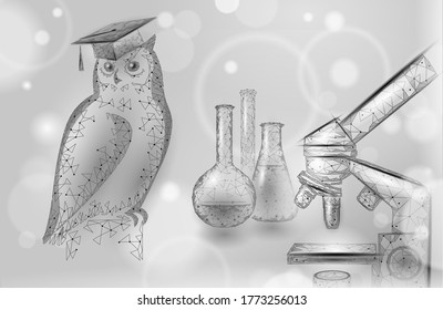 Owl bird symbol of wise education. E-learning distance concept. Graduate science chemistry certificate program concept. Low poly 3D internet education course degree vector illustration