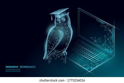 Owl bird symbol of wise education. E-learning distance concept. Graduate certificate international global program concept. Low poly 3D internet education course World map vector illustration