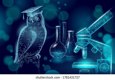 Owl bird symbol of wise education. E-learning distance concept. Graduate science chemistry certificate program concept. Low poly 3D internet education course degree vector illustration