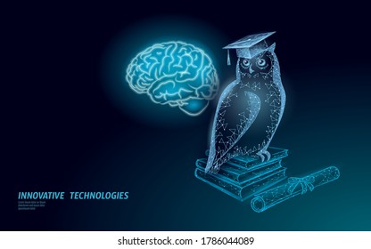 Owl bird symbol of wise education. E-learning distance concept. Graduate certificate program concept. Low poly 3D internet education vector illustration