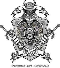 Owl bird symbolizing wisdom. Illustration for print