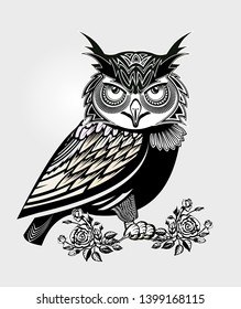 Owl bird symbolizing wisdom. Illustration for print