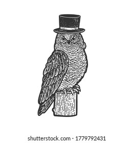 Owl bird in top cylinder hat sketch engraving vector illustration. T-shirt apparel print design. Scratch board imitation. Black and white hand drawn image.