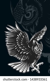 Owl. Bird vector illustration. Tattoo. Totem animal. Bubo bubo. Barn owl. Wings. Scops owl. Nocturnal bird. Forest. Animal. Wisdom symbol. Print design for t-shirts.Retro style.