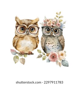 Owl bird watercolor isolated on white background. cute couple owl, cute couple, Owl, vector illustration.