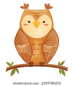 Owl bird . Watercolor paint design . Cute animal cartoon character . Vector .