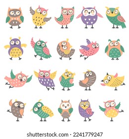 Owl birds. Flying decorative boho style birds in action poses recent vector funny characters