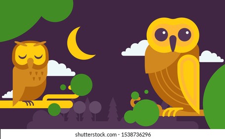 Owl birthday cards vector illustration. Cute cartoon wise birds with wings of different colors sitting on tree branch for invitations and celebration party. Night sky with moon and cloud.