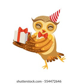 Owl And Birthday Present Cute Cartoon Character Emoji With Forest Bird Showing Human Emotions And Behavior