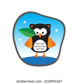 Owl is biting a leaf. vector illustration. Suitable for kids stationery designs, textile, backdrop, wrapping, and clothing