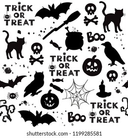  Owl, Black Cat, Spider, Broom, Crow, Bat. Silhouettes Halloween Collection Seamless Pattern On A White Background