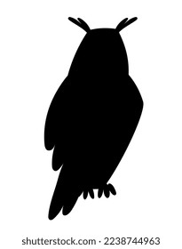 Owl black silhouette icon. Forest dweller and mammal, wild life. Symbol of wisdom and nightlife. Sticker for social networks and messengers. Aesthetics and elegance. Cartoon flat vector illustration