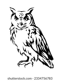 Owl. Black silhouette of a sitting owl isolated on a white background. Vector illustration