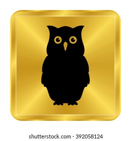 Owl - black vector icon;  gold button