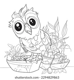 Owl , Black and white coloring pages for kids, simple lines, cartoon style, happy, cute, funny, animal in the world