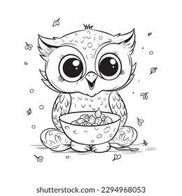 Owl , Black and white coloring pages for kids, simple lines, cartoon style, happy, cute, funny, animal in the world