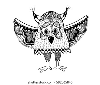owl black and white decorative drawing for print, vector illustration