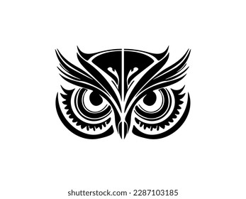 ﻿Tattoo of an owl with black and white design  Polynesian patterns.