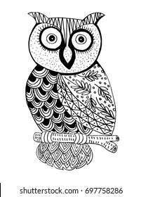 Owl black and white hand drawing illustration. Decorative style