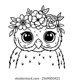 Owl black and white hand drawn portrait. Owl with wreath of flowers. Crown of flowers. Cute owl face in line art. Owlet head. Owl sketch vector illustration. Good for posters, t shirts, postcards.