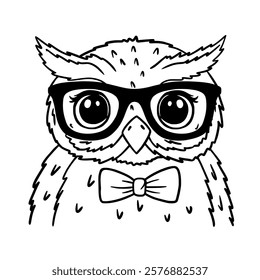 Owl black and white hand drawn portrait. Owl with glasses and bowtie. Cute owl face in line art. Owl head. Sketch vector illustration. Coloring pages for children. Good for posters, t shirts, postcard