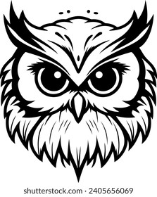 Owl in black and white linear style, vector illustration