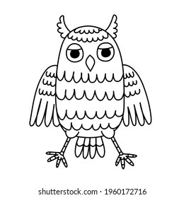 Owl black and white picture. Eagle owl or long-eared owl. Picture with ornament. Black line and outline. Coloring book. Vector, clipart. Tattoo.