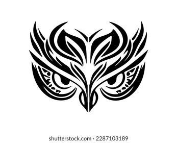 ﻿Tattoo of an owl in black  white with Polynesian designs.