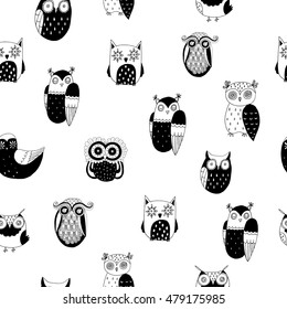 Owl  black and white seamless pattern