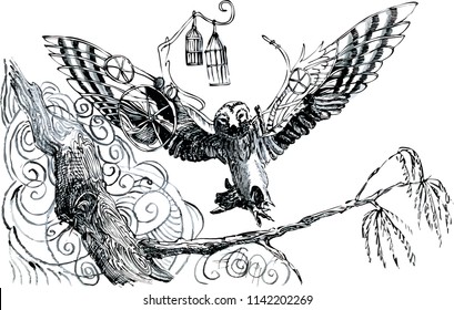 Owl, black and white vector illustration.  A flying owl with a cage in its wings. Can be used as a print, graphic art, coloring.