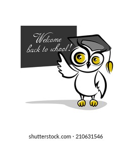 Owl and a blackboard isolated on white background. Vector illustration