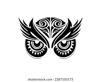 ﻿Tattoo of an owl with blackwhite and Polynesian designs.