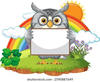 Owl with blank sign, rainbow, and nature elements
